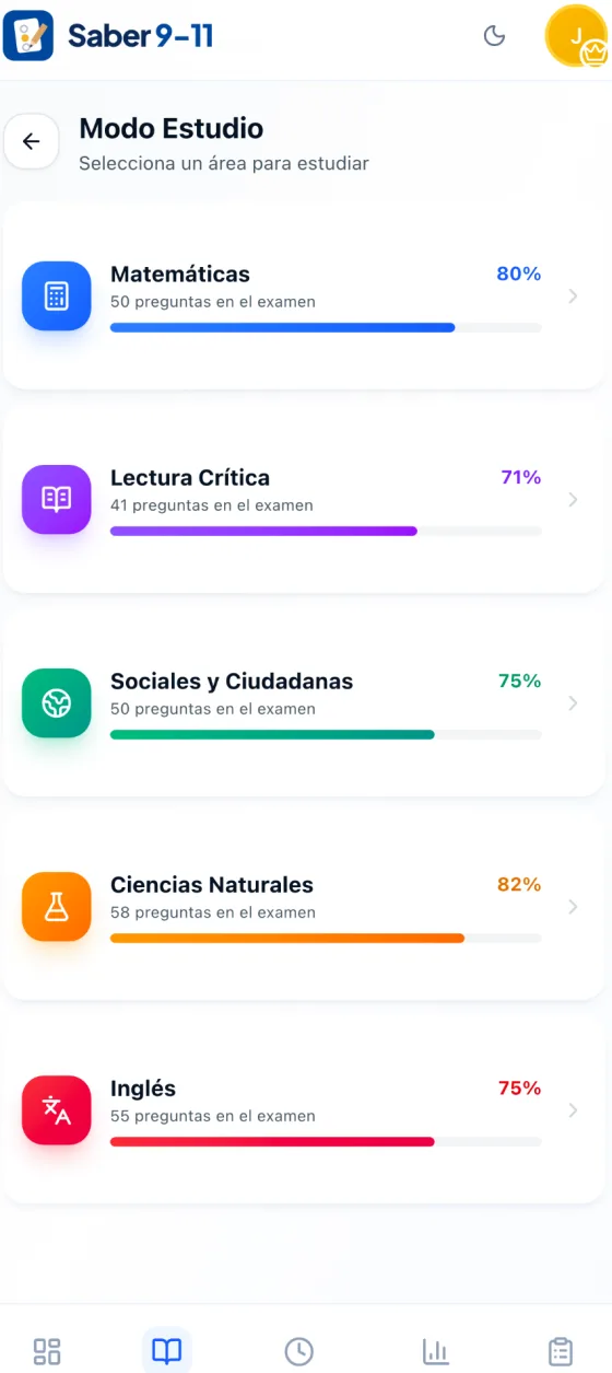 Modo estudio de Saber911 con sus cinco áreas