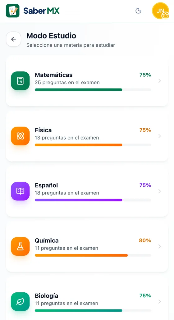 Modo estudio de Saber MX con sus materias